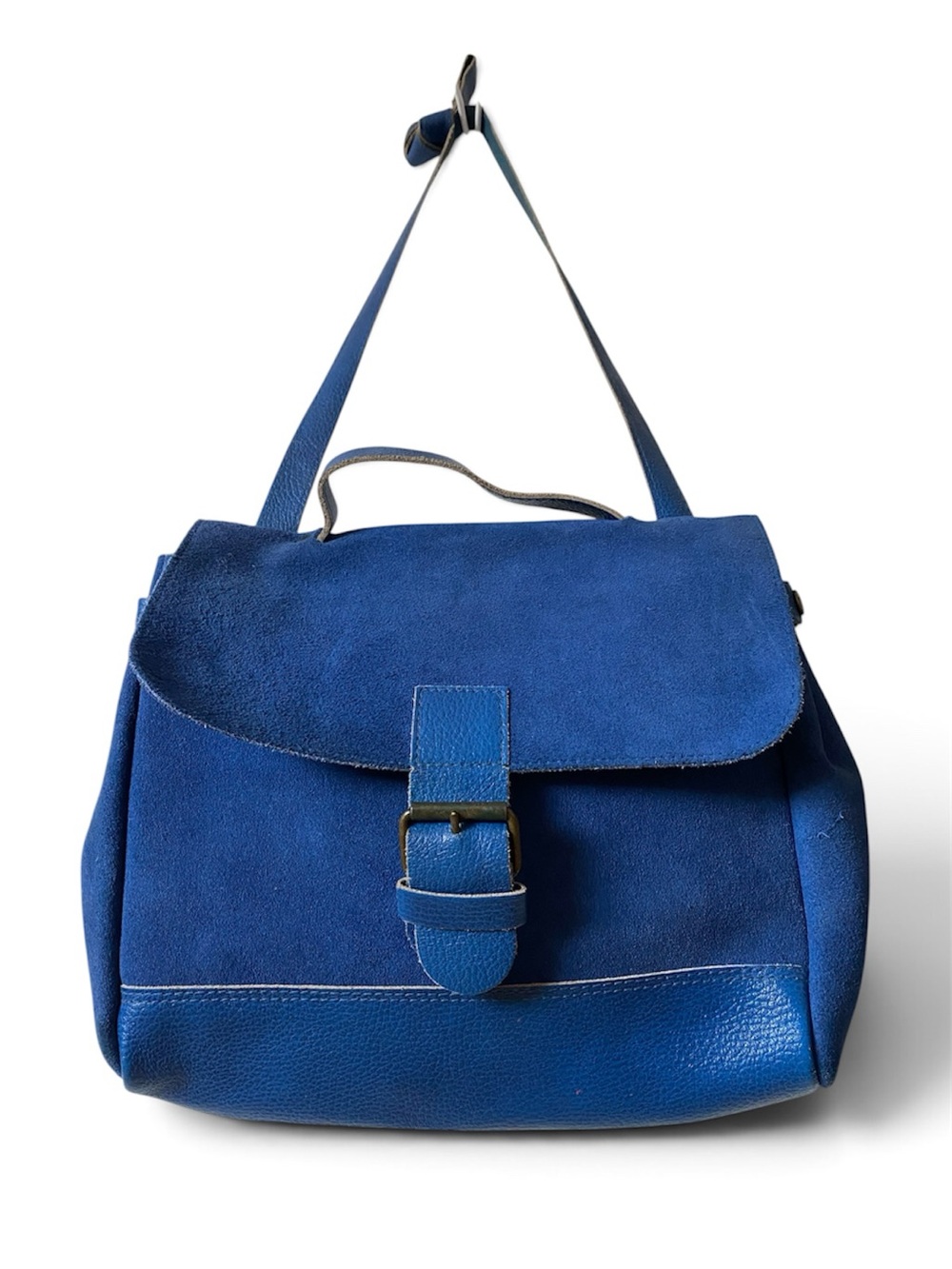 Vintage Cobalt Blue Suede and Leather Shoulder Satchel - Fits an iPad
